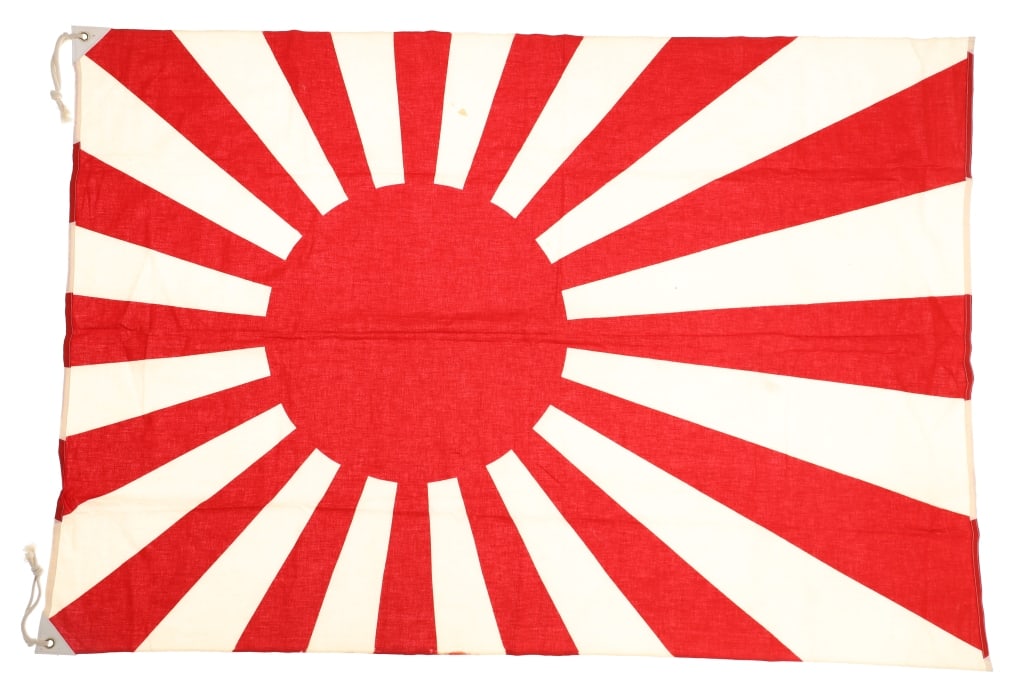 Original WWII Japanese Rising Sun Flag 1930-40s: For your consideration is this original, WWII Japanese Rising Sun flag with repaired, leather corners and brass grommets. The original Rising Sun Flag, featuring a red sun disc with 16 rays, was adopt