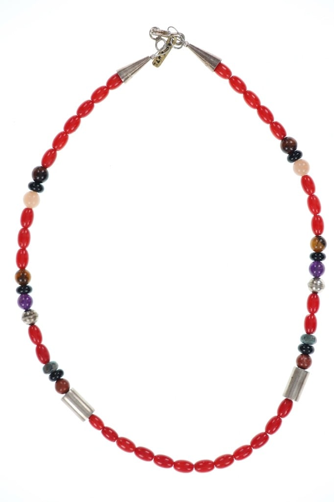 Navajo T & R Singer Silver Multi Stone Necklace: Featured in this lot is this sterling silver multi stone necklace from Navajo artists Tommy and Rose Singer. The necklace features a wonderfully and professionally crafted sterling silver, red branch 