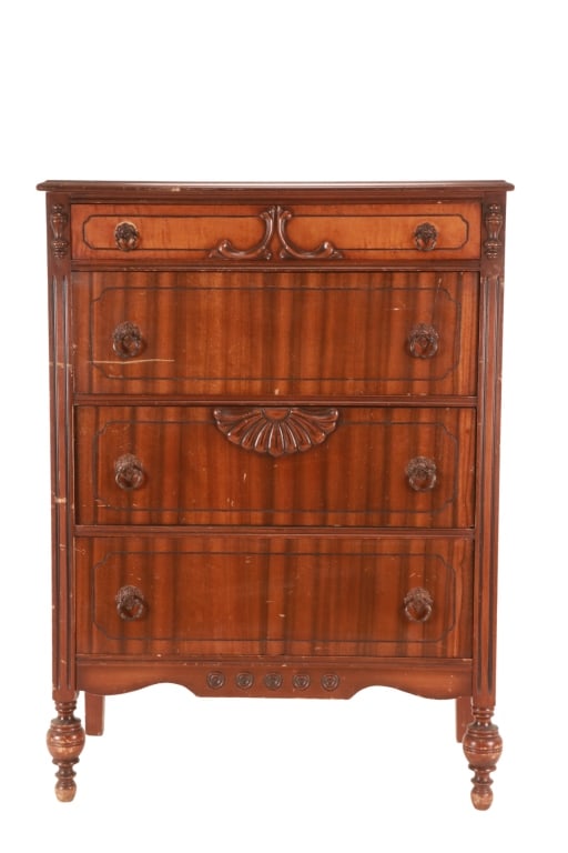 Vintage Colonial Revival Dresser, ca. 1920s-1940s: Offered in this lot is an Vintage Colonial Revival Dresser, circa 1920s-1940s. This dresser features a wonderfully and professionally crafted mahogany wood construction that features a front face carv