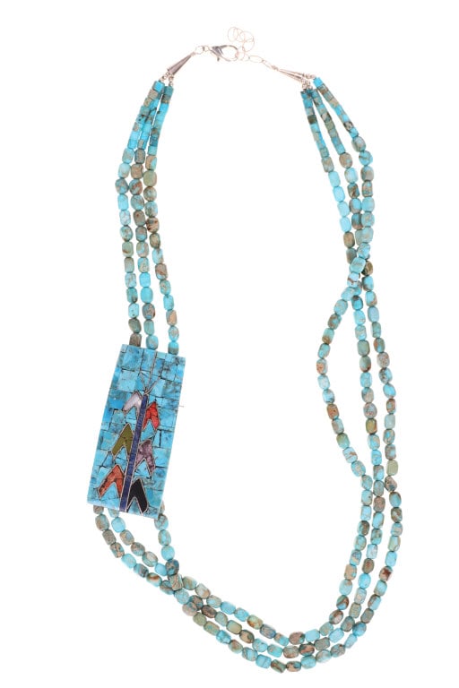 Santo Domingo P & R Rosetta Turquoise Necklace: For your consideration is this Santo Domingo Kewa Pueblo P & R Rosetta Multi-Stone Mosaic Inlay Sterling Silver Multi-Strand Turquoise Pendant Necklace. The necklace features a wonderfully and profess