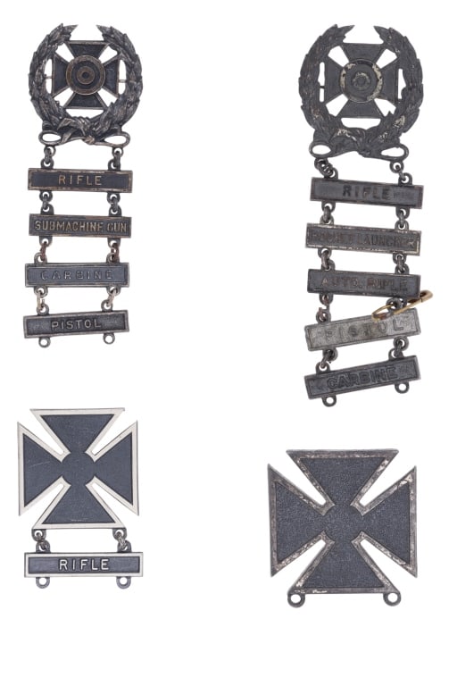 WWII US ARMY Sterling Silver Qualification Badges: Featured in this lot is this WWII US ARMY sterling silver Qualification Badges. There are total of four medals in this collection and shows the iconic ARMY Qualification design with two Marksman and t