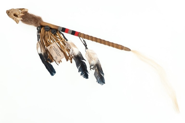 Chippewa Cree Turtle Skull Hoop Dance Stick: Featured in this lot is this Chippewa Cree Turtle Skull Hoop Dance Stick from the Many Trails Collection by Leonard and Laurie Many Trails, at the former Indian Nations Trading Post in Livingston, Mon