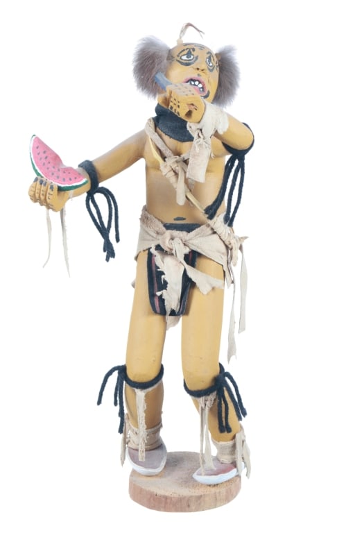 Hopi Watermelon Clown Kachina or Koshare: Featured in this lot is this Hopi Indian "Watermelon Clown" Kachina or Koshare circa 1960's. The Kachina features a wonderfully and professionally crafted wooden and hide construction that shows a woo