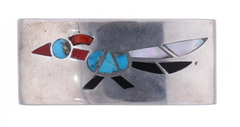 Zuni Sterling Silver Multistone Inlay Buckle: Featured in this lot is this Zuni sterling silver multistone inlay buckle. The buckle features a wonderfully and professionally crafted sterling silver and multistone inlay construction that shows the