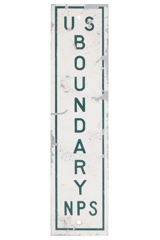 Vintage US National Parks Service Boundary Sign: For your consideration is a Vintage Original Yellowstone National Park Boundary Sign, circa Mid-Century, metal painted sign with green on white lettering, NOS. The vertically mounted sign reads "US BO