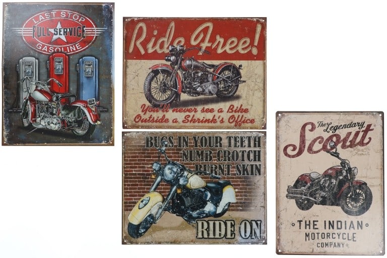 Desperate Industries Motorcycle Theme 20th C Signs: Featured in this lot is this Desperate Industries motorcycle theme 20th century signs. There are three signs in this collection. The first shows a motorcycle with a red finish and reads as follows: Ri