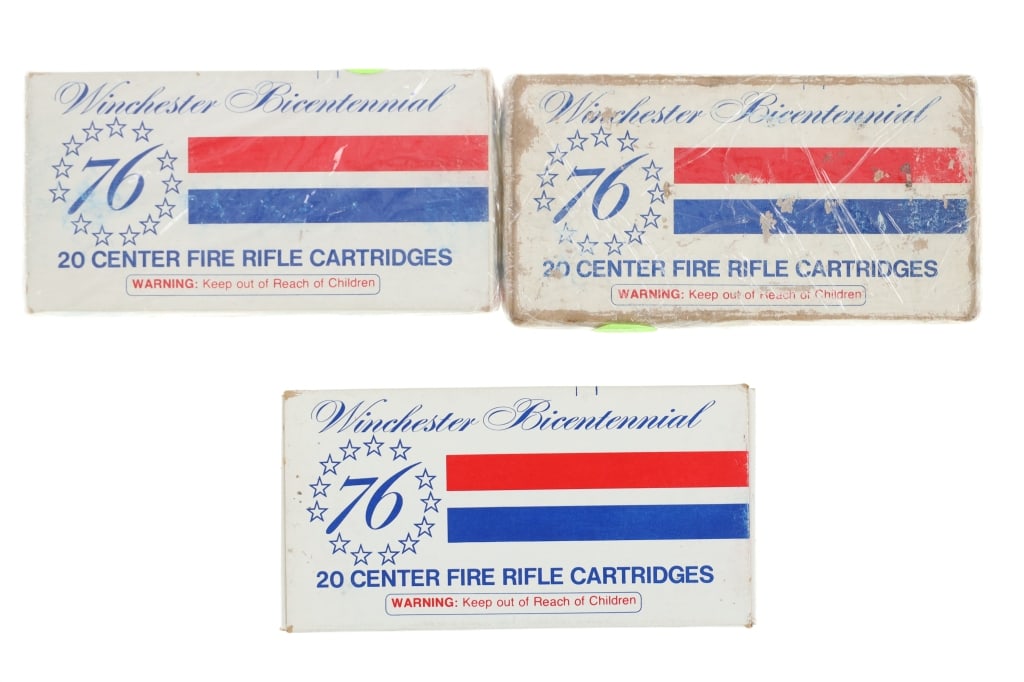 Collector Winchester Bicentennial '76 .30-30 Ammo: Featured in this lot is this collector's Winchester Bicentennial '76 .30-30 ammunition. There are three boxes in this collection with a total of 60rds. The information side flap is marked as follows: 