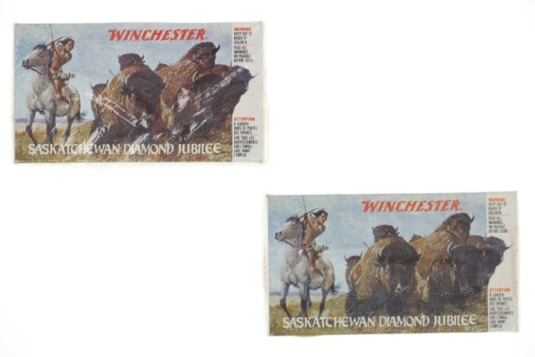 Winchester Saskatchewan Diamond Jubilee .38-55's: Featured in this lot is this collector's Winchester Saskatchewan Diamond Jubilee .38-55 Cartridges. There are two boxes in this collection with a total of 40rds. The side information flap of the box r