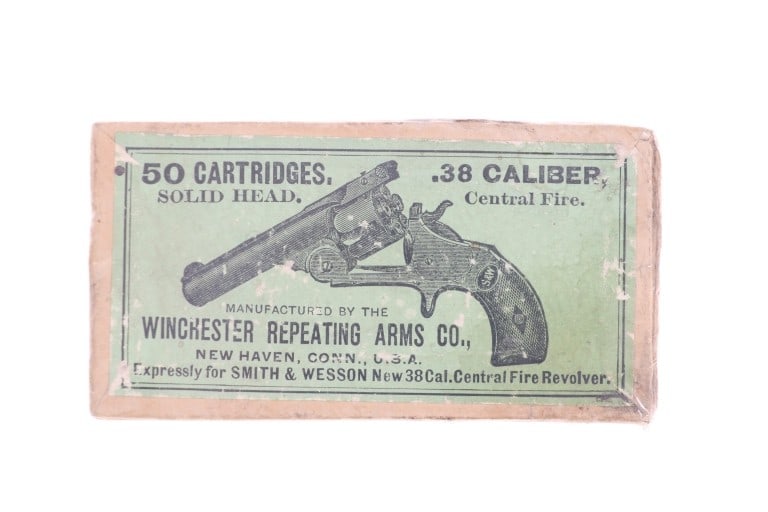 Winchester Repeating Arms Co. .38 Cal Cartridges: Featured in this lot is this Winchester Repeating Arms Co. .38 caliber cartridges. The box of cartridges features a total of 50rds and the information side flap of the box reads as follows: 38 S. & W.