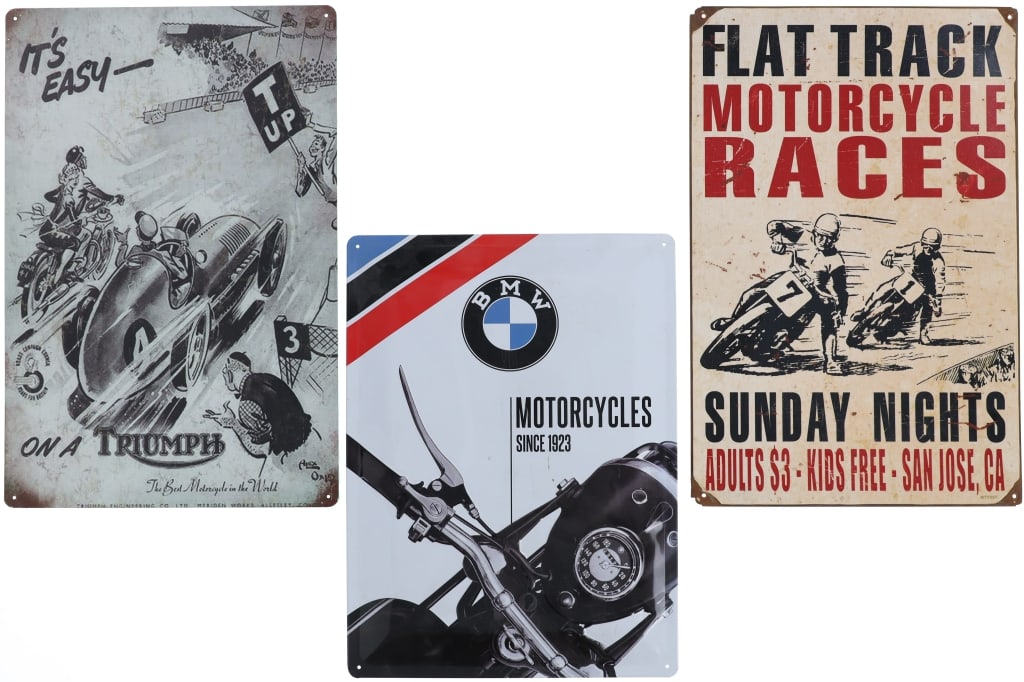 Variety Motorcycle Theme 20th C. Sign Collection: Featured in this lot is this Variety motorcycle theme sign collection circa 20th century. The signs are all wonderfully and professionally crafted and motorcycle theme with vintage advertisements repl