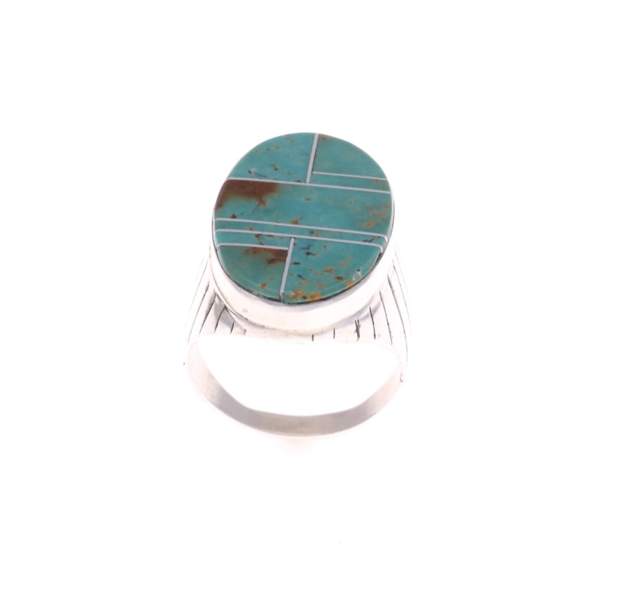 Wilbert Grey (Navajo 20th C.) Cerrillos Heavy Ring: This is an original, signed Wilbert Gray (Navajo, 20th-century) Cerrillos Turquoise stained glass inlay pattern men's heavy ring. This ring shows a sterling construction with eight pieces of Cerrillos