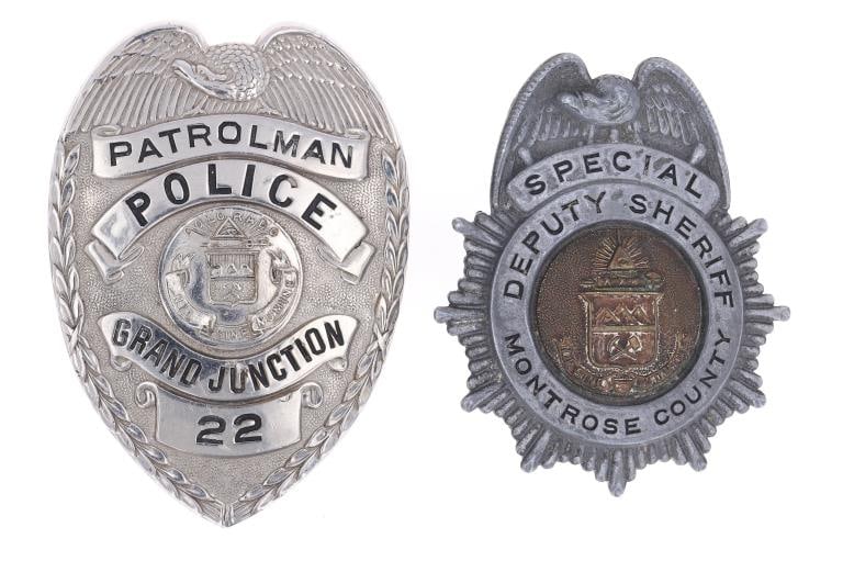 20th C. Colorado Patrolman & Deputy Sheriff Badges: Featured in this lot is this Colorado patrolman and deputy sheriff badges circa 420th century. There are two badges in this collection neither are marked. The first is a round badge topped with an eag