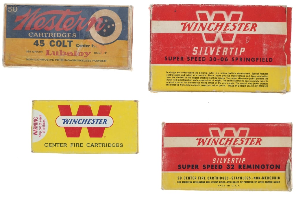 Winchester Variety Cartridges/ Vintage Western Box: Featured in this lot is this Winchester variety cartridges and vintage Western cartridge box. This collection includes a variety of Winchester cartridges that includes the following ammunition: Winche