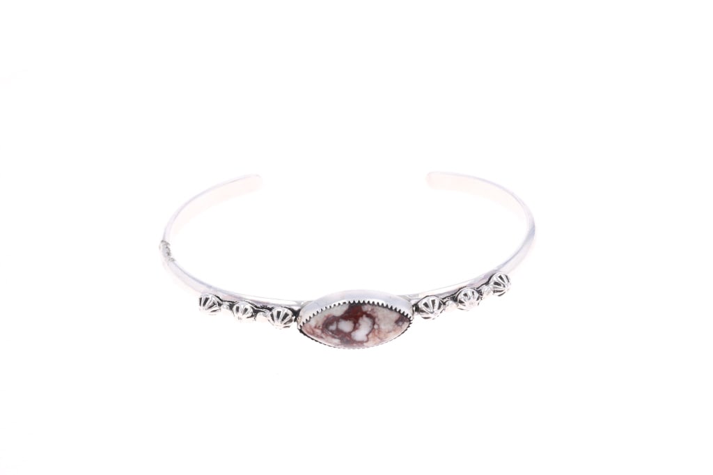 Navajo Sterling Silver Wild Horse Jasper Bracelet: Featured in this lot is this Navajo sterling silver Wild Horse Jasper bracelet. The bracelet features a wonderfully and professionally crafted sterling silver and Wild Horse Jasper construction that s