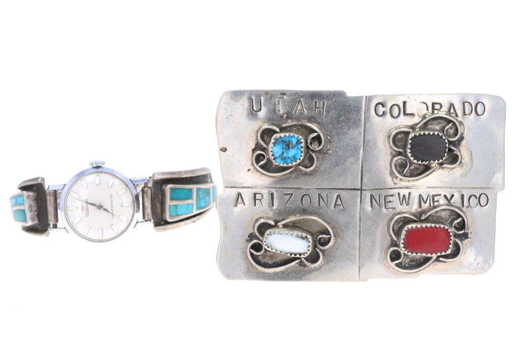 Early Vintage Navajo John La Ron Bedoni Sr. Buckle: The lot features two early vintage Navajo silver jewelry pieces including a belt buckle signed by Navajo artist John La Ron Bedoni Sr. from circa 1960's and a Navajo watch cuff from circa 1950-1960's.