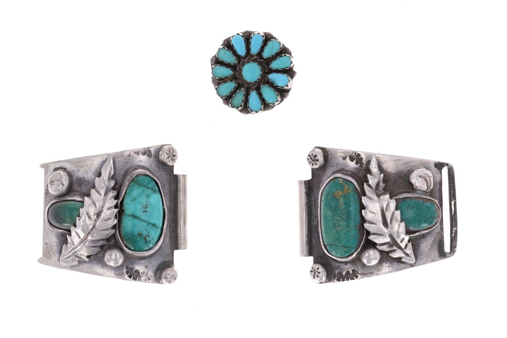Navajo Sterling Silver Turquoise Watchband/ Button: Featured in this lot is this Navajo sterling silver turquoise watchband shoulders and button circa 1950's. The jewelry features a wonderfully and professionally crafted sterling silver and turquoise c