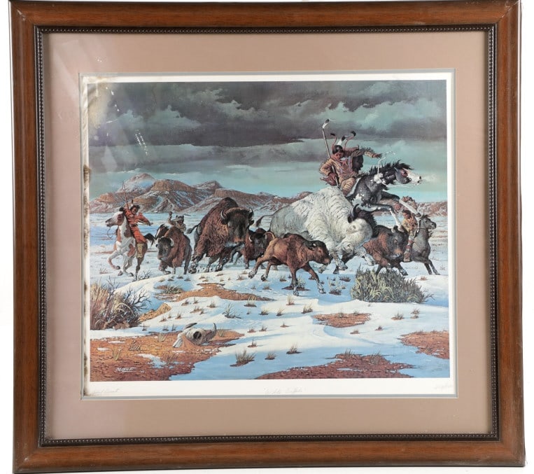 Navajo Robert Becenti Jr. "White Buffalo", 1977: Presented in this lot is the Signed Navajo Robert Becenti Jr. "White Buffalo", 1977, (live signature) Limited Edition Print (209/250), framed under glass. The scene is of four horseback Indians huntin