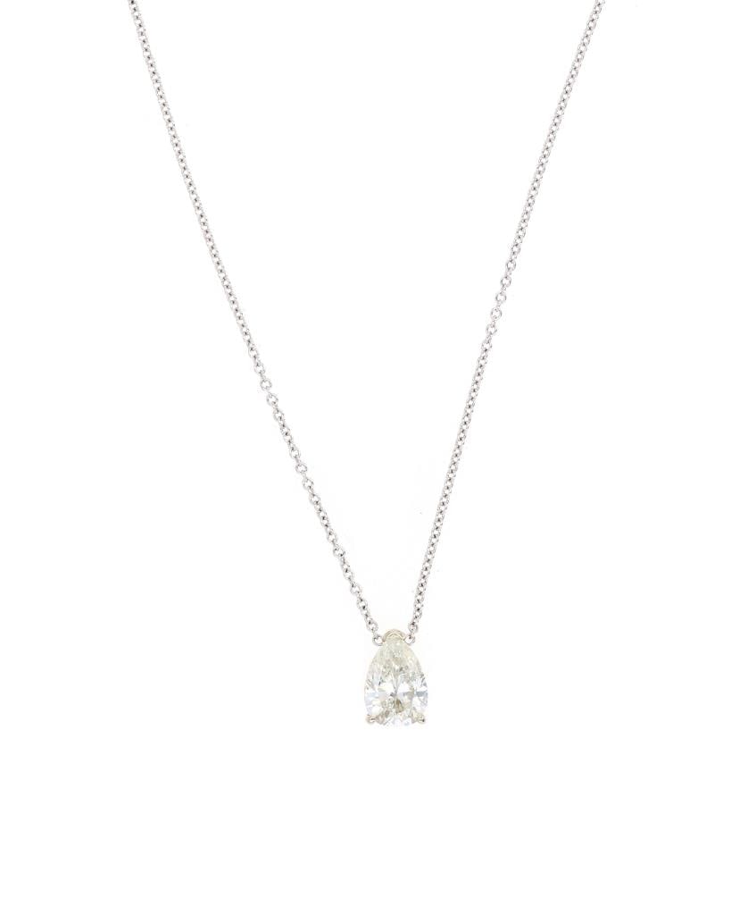 Delicate Natural Conflict Free Diamond Necklace: The lot features a beautiful 0.98 carats natural Conflict Free Diamond with EGL and AIGL paperwork. The necklace is 14 karat white gold and shows a 0.98 carat, SI2 clarity, F color stone with pear bri