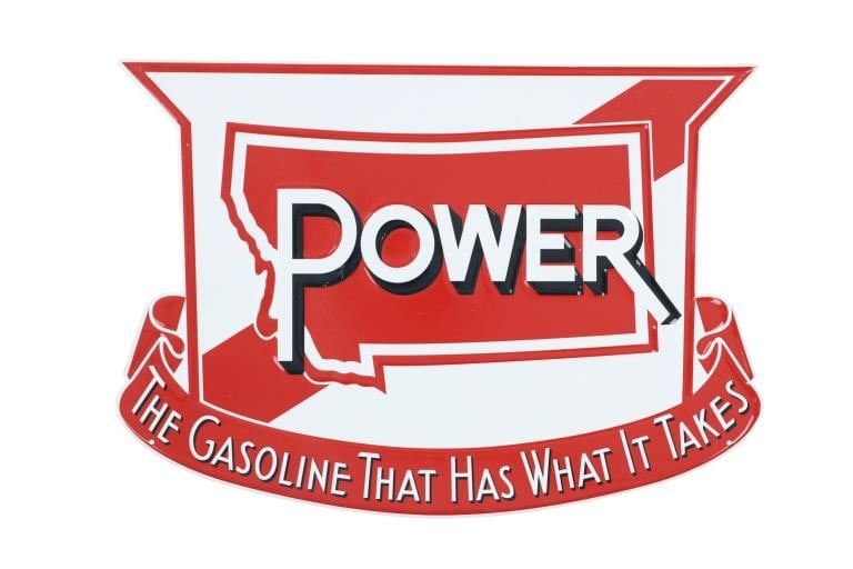 Montana Power Gasoline Embossed Tin Advert. Signed: The lot features an embossed pressed tin red and white advertising sign of Montana Power Gasoline, ?Power / The Gasoline That Has What It Takes?, the sign is a late-1900?s contemporary example. Montan