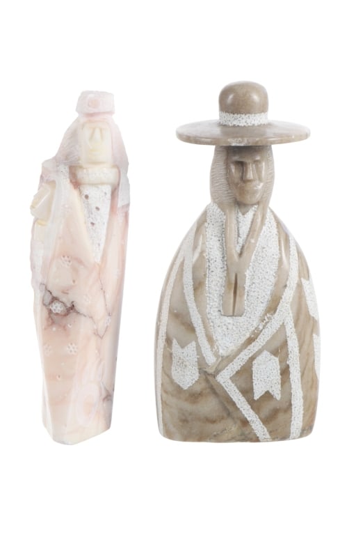 Navajo Din? Hand Carved Alabaster Sculptures: For your consideration this lot includes Navajo Din? Hand-Carved Alabaster Sculptures (2), circa 1990s. The first piece is a triangularly shaped depiction of "mother & child", with the mother the uppe