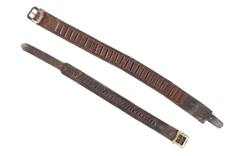 ca. 1800's Montana Cowboy Leather Ammo Belts (2): The lot features two original Cowboy Leather Ammunition belts from Montana during the late-1800?s in large .45 caliber likely for a Colt Single Action Army Cowboy Revolver. The first ammo belt holds t