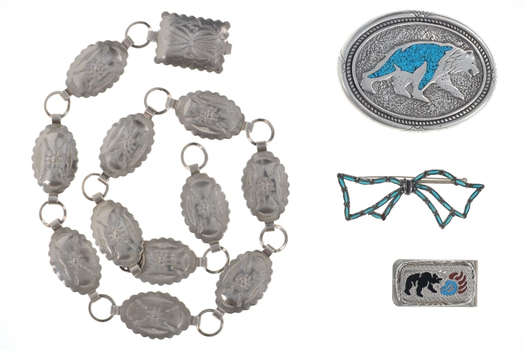 Vintage Southwest Turquoise Chip Inlay Collection: Included in this lot is a Vintage Southwest Turquoise Chip Inlay Collection including a turquoise chip inlay stamped bear buckle, Nickel Silver inlay money clip, needlepoint hair barrette, stamped con