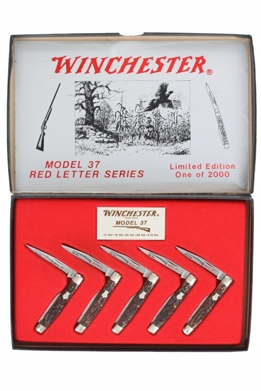 Winchester Model 37 Red Letter Series Knives: Offered in this lot is the Winchester Model 37 Red Letter Series Knife Limited Edition Set #1104/2000, circa 1987-1988. Produced by Blue Grass Cutlery under an official Winchester license, this set pa