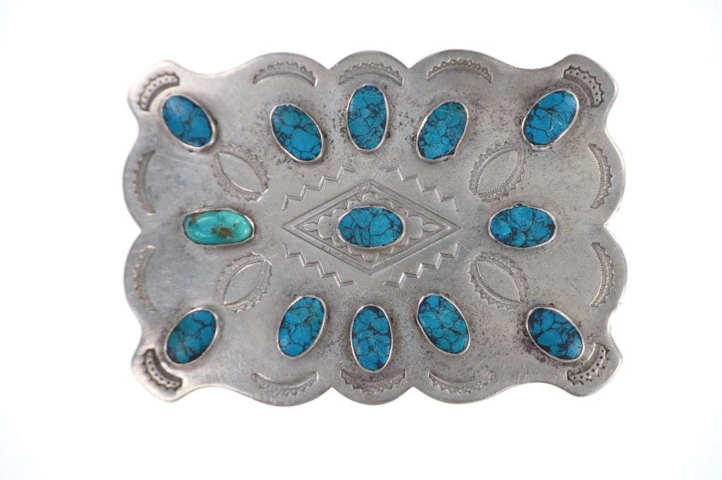 Solid Nickel Silver & Turquoise Belt Buckle (1 of 7)
