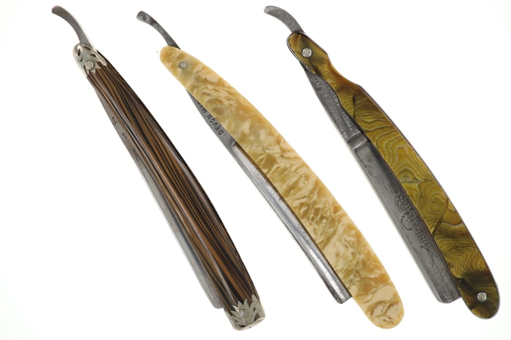 Marked Celluloid Handle Straight Razors 1950s (3): For your consideration are three, marked straight razor blades with celluloid handles from various companies from the 1950-60s. The first in this lot shows a marbled tan and off white colored celluloi