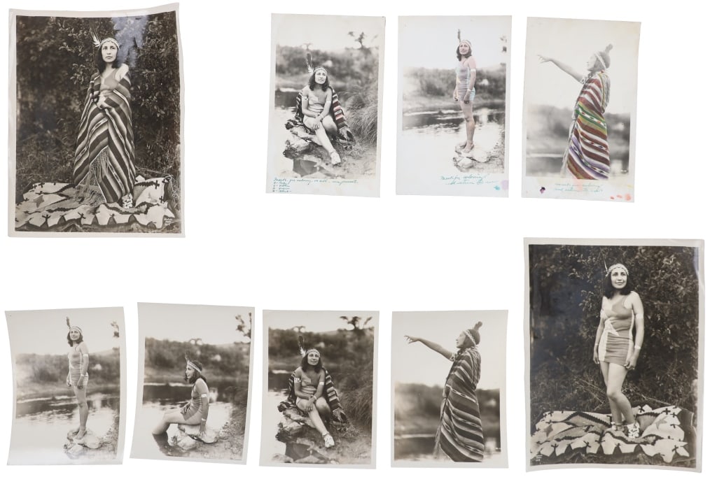 c. 1930-40 Edgar Stevens Colored Native Photos (9): For your consideration are nine, original photos of a young, Northern Plains Native American woman taken by photographer Edgar Stevens in the 1930-1940's. Two of the photos are hand colored with the o