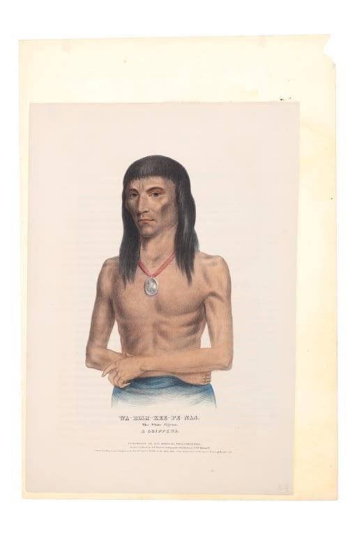 Antique McKenney & Hall Wa-Bish-Kee-Pe-Nas Colored: Featured in this lot is this McKenney & Hall Wa-Bish-Kee-Pe-Nas The White Pigeon - A Chippewa colored etching early lightography originally painted by Charles Bird King. The artwork features a wonderf