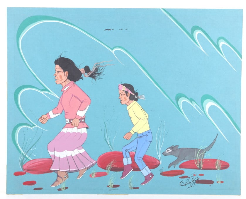 ca. 1974 Clay Att Signed Gouache Native American: Featured in this lot is this gouache on board, by Clay Att, of Native children running with a dog close at their heels, circa 1974. The gouache features two children running wit their dog with a brigh