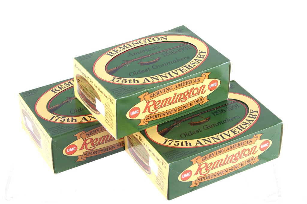 Remington 175th Anniversary Tin .22LR, 1991 (3): Presented in this lot is a vintage Remington 175th Anniversary Tin, High Velocity .22 Long Rifle Cartridges, 1991, NOS. The Remington 175th Anniversary Tin is a highly popular vintage ammunition colle