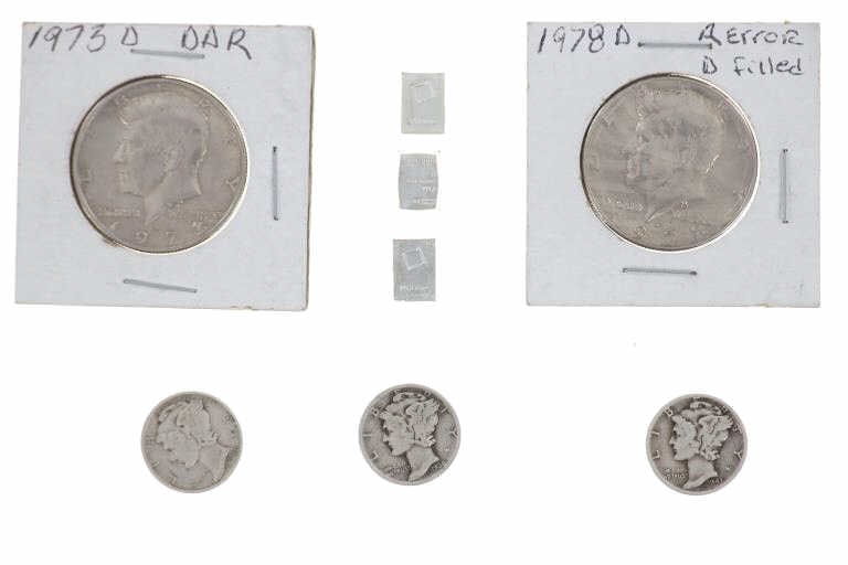 Mercury Silver Dimes & Kennedy Coins w/ Bullion: Featured in this lot is this collection of 1938-1940 Mercury dimes; 1975, 1978 JFK half dollars, and .999 Fine Silver bullion. The JFK half dollars are marked both 1975 and 1978 on is minted D and con
