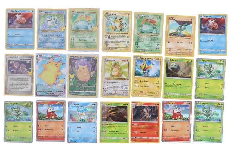 Pokemon Cards Various Shadowless & Holo Cards (21): Featured in this lot is a variety of twenty-one holographic and shadowless Pokemon cards from various years, sets and series circa 1999 to 2023. This lot features two shadowless Pokemon cards, two Bas