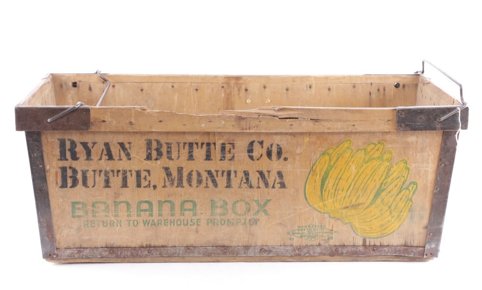 Ryan Butte Co. Butte, Montana Banana Box c. 1950s: Featured in this lot is a Ryan Co. Butte, Montana banana box, circa 1950s. The box features a wonderfully and professionally crafted wooden and steel construction that shows steel framing and wooden s