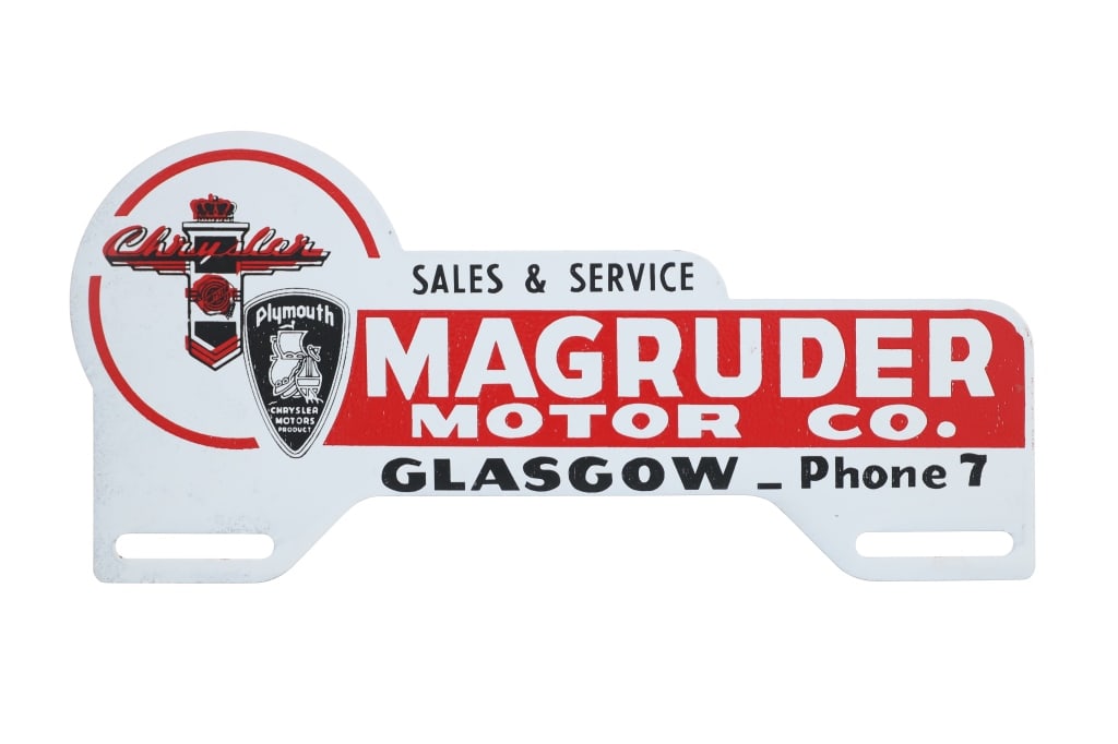 ca. 1950 Glasgow, Montana License Plate Topper: For your consideration is this Chrysler Motor Products license plate topper from Glasgow, Montana's Magruder Motor Company circa 1950-70s. The sign shows a white background with the Chrysler and Plymo