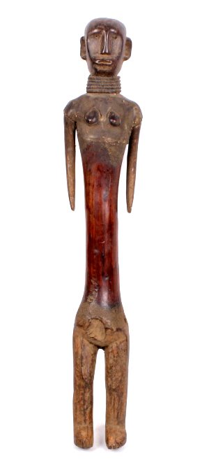 Gogo Woman Ironwood Fetish: This is all hand carved featuring a woman fetish used in the dances. This piece is from the 1900-1950's and has great patina beadwork around the neck. This is a rare piece of tribal art from the Gogo