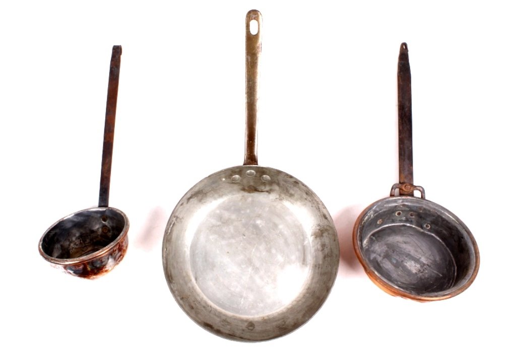 Copper Kitchen Set: This copper kitchen set includes 3 lovely pans: a skillet, one smaller lipped skillet, and a small dented sauce pan. Dents and hammering are indicative of old age and show great workmanship and charac