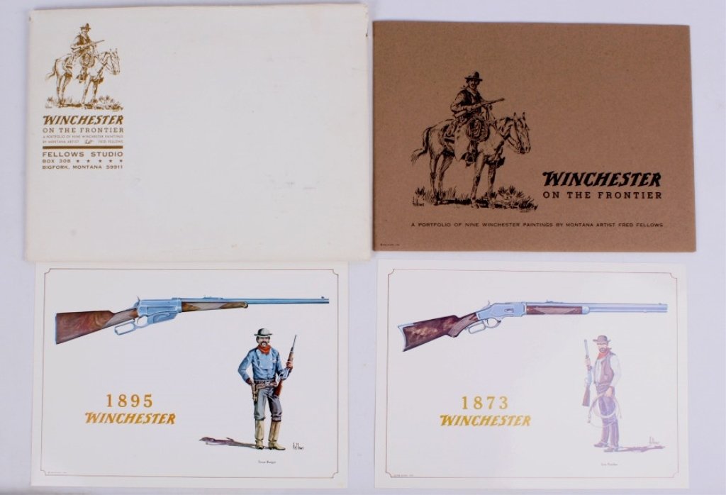 Winchester Advertisting Prints: This set of Winchester advertising prints includes 22 prints in excellent condition with original file cover and envelope. By Montana Artist Fred Fellows, these prints are signed and show great luster