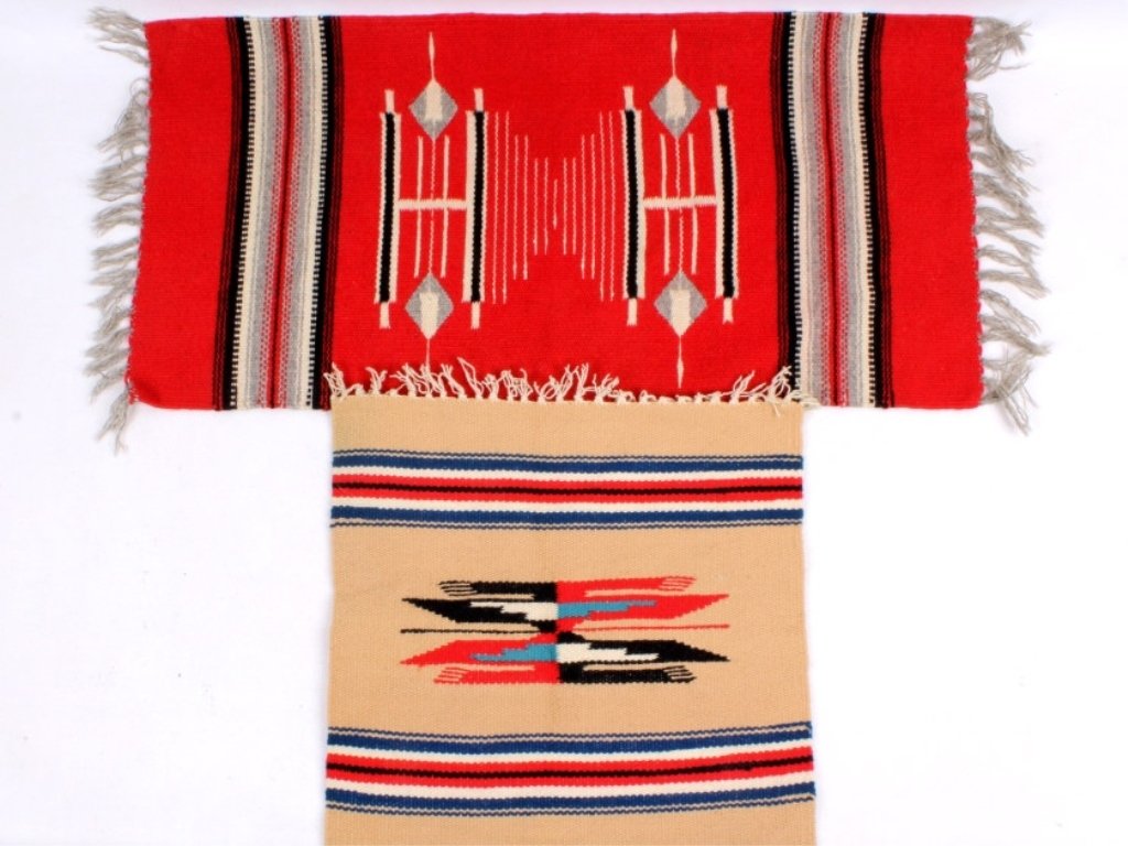 Native American Table Runners: Two beautifully handcrafted Native American table runners. Red, tan, and black coloring. The longest runner measures 14" by 28."