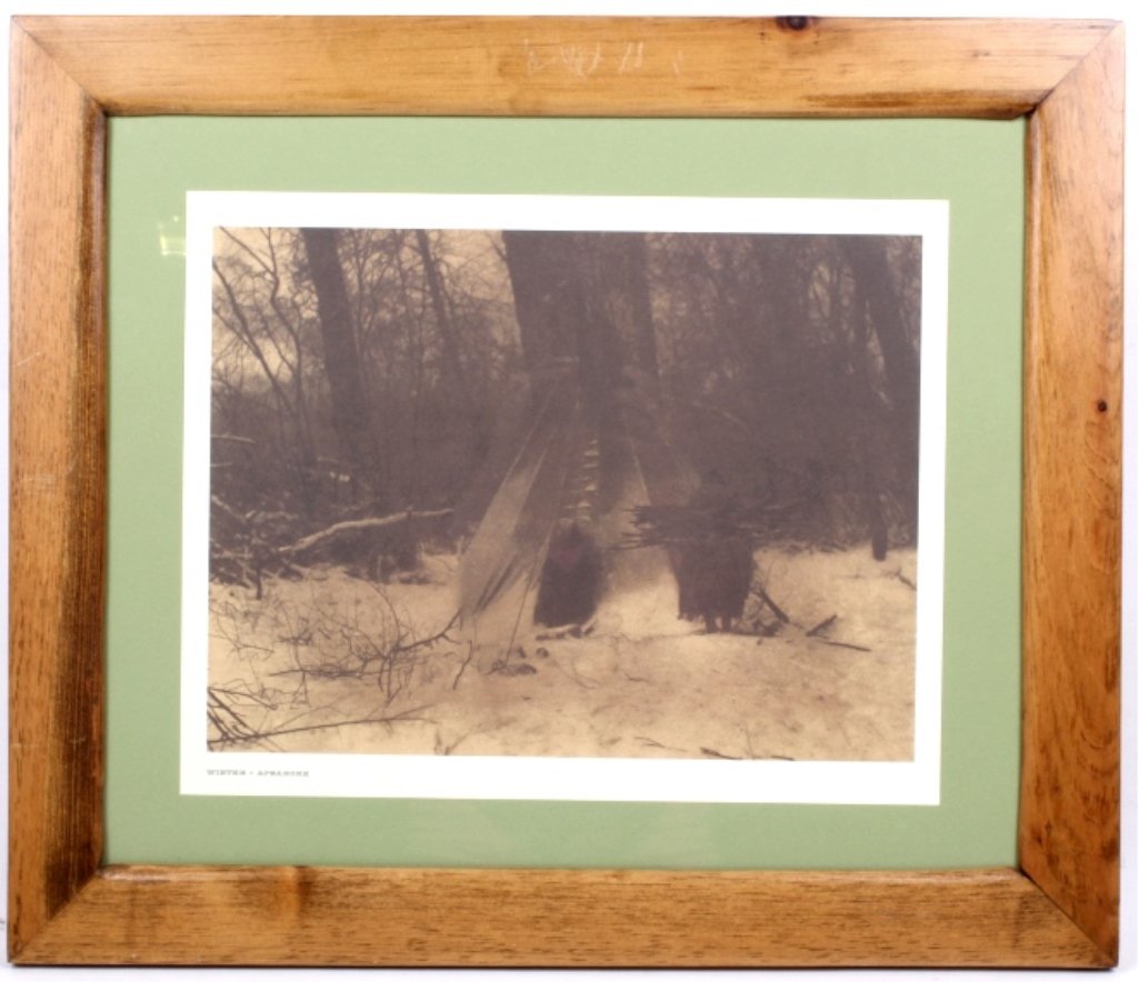 E.S. Curtis Print framed in Old Faithful Inn Wood: This piece features the "Winter - Apsaroke" print by Edward S. Curtis a famous Western photographer. The age of the print is unknown, but overall a good looking piece. This is framed in the wood from 
