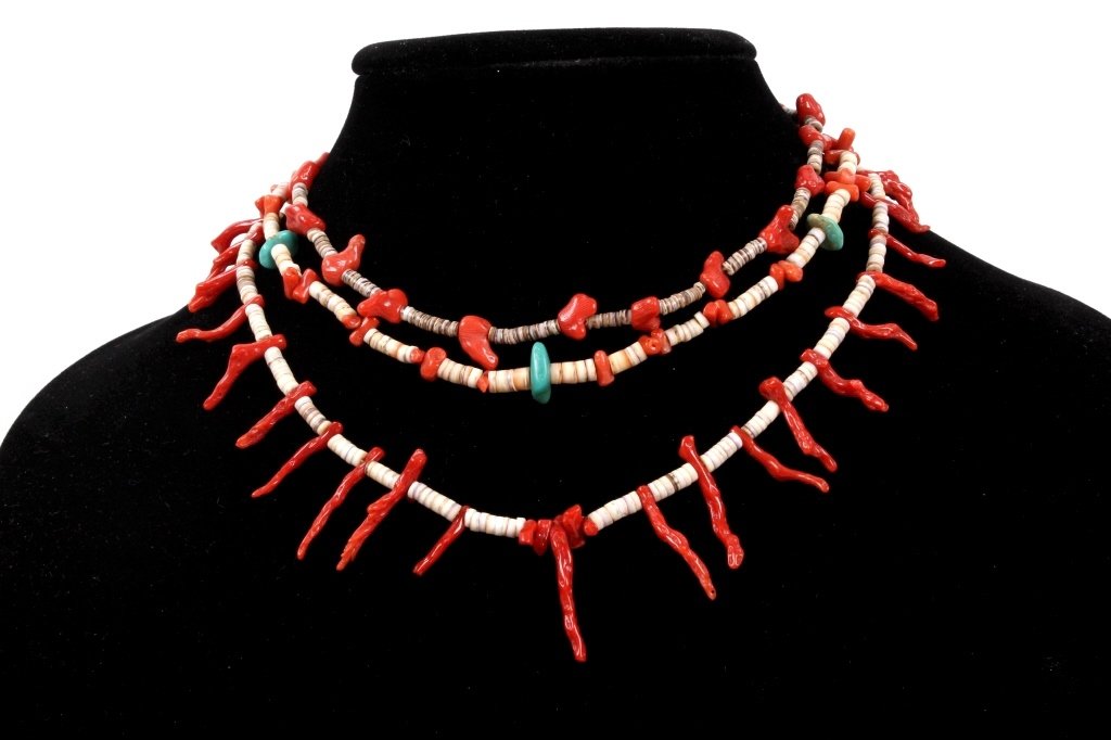 Santo Domingo Turquoise & Coral Necklace: This lot features three individual necklaces. Each necklace has heisei beads which are hand ground shells made into beads. It also has turquoise and Mediterranean red ox blood coral. These are strung 