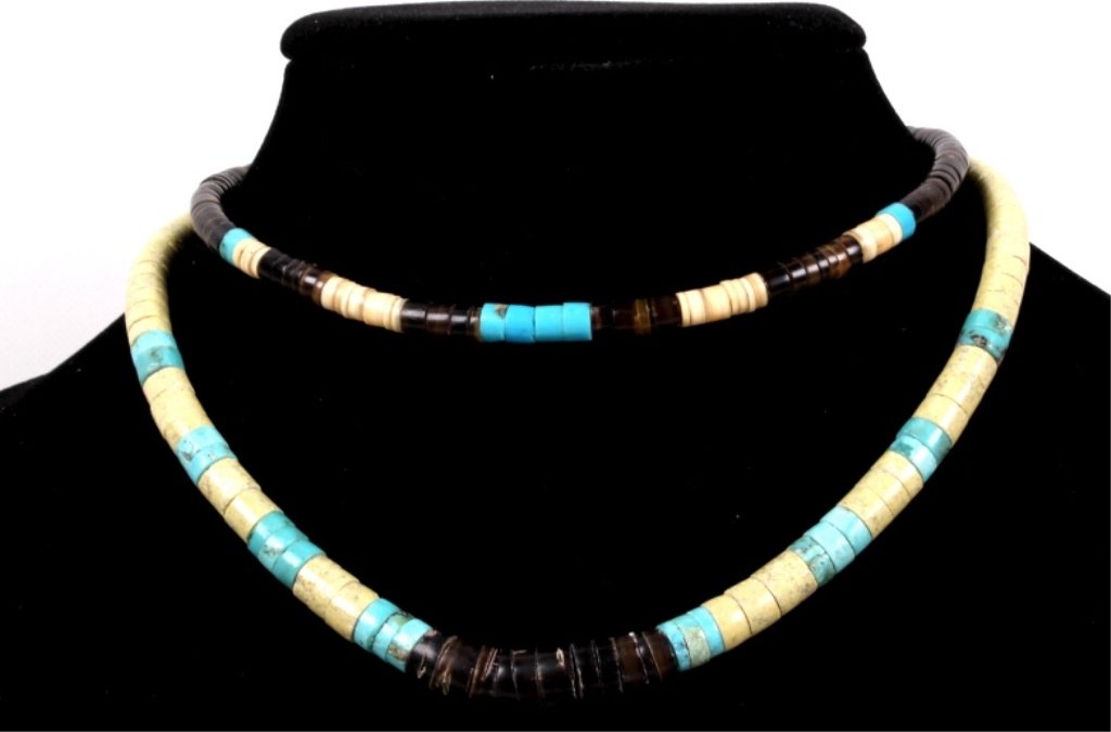 Navajo Heishi Necklaces: This lot features 2 necklaces hand made by the Navajo Native Americans in the 1950-1960's. This shows Heishi beads which are hand ground beads of turquoise, shell, ebony, and more. These both are in g
