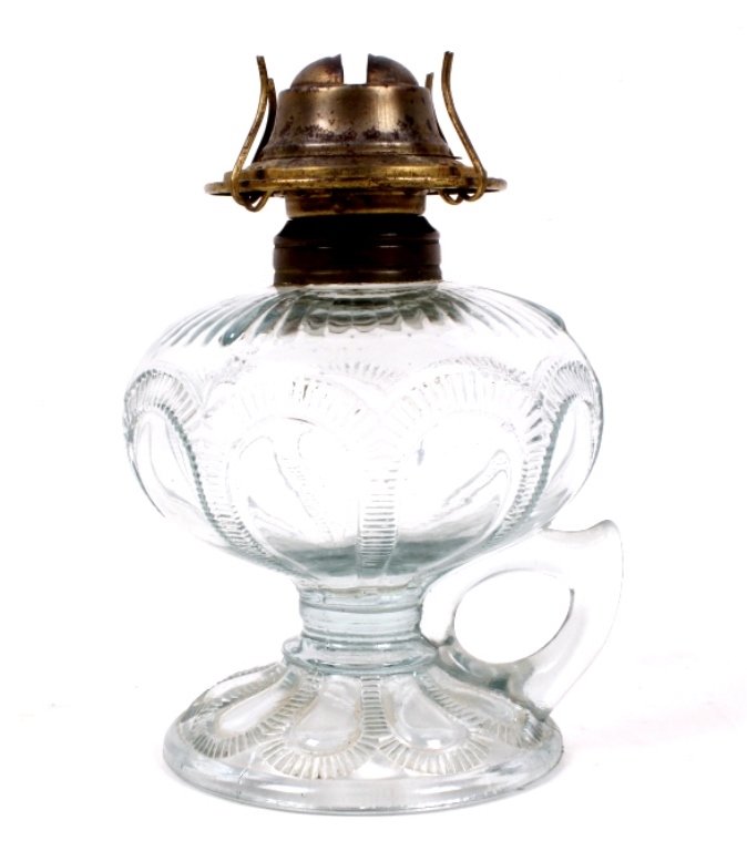 Victorian Blue Glass Finger Oil Lamp: This piece has the glass section which shows a blue color indicative of much age. This has a unique finger handle used for lighting the path during the night. This has the brass top is marked, " P & A