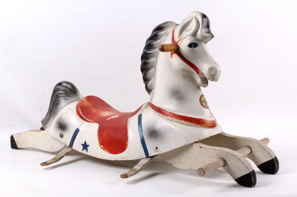 Vintage Happy Times Sears & Roebuck Horse Toy: This piece has great patriotic red, white, and blue colors with stars. The horse is the main part to a vintage toy. This is marked on the front that is a Sears & Roebuck item. Measures 31.5" long, 15.