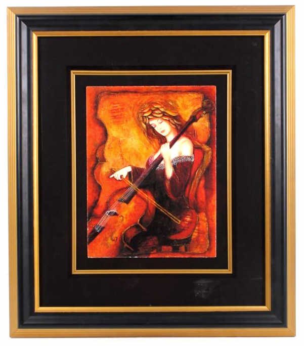 Cello Rhapsody by Charles Lee Giclee: This piece is a limited edition Artist Proof of 22/50 and hand signed. This piece shows vibrant colors and is in a beautiful frame. The original limited edition artwork measures 10.5"x14.5" and the fr