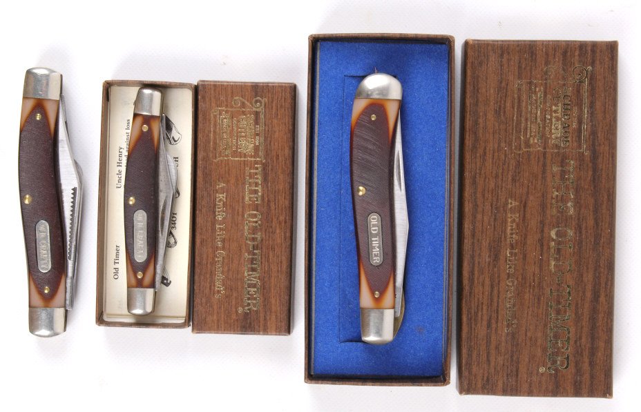 Schrade Cutlery Old Timer Knife Collection: There are three knives with two brand new in the box. These include: Old Crafty Craftsman U.S.A. 9547, Old Crafty Craftsman U.S.A. 9546, and the Old Timer Schrade U.S.A. 1940T.