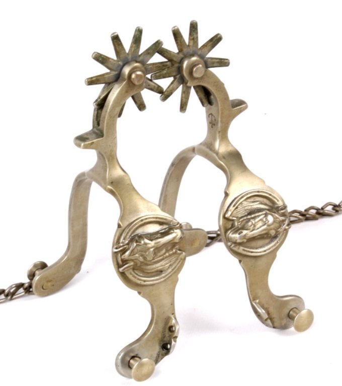 1920's North & Judd R Steel Silver Spurs: This is a set of 1920's North and Judd Spurs marked with the Anchor brand and 'R Steel Silver (then the star)'. The North & Judd company bought the August Buermann Mfg. Co. and this spur is marked wit