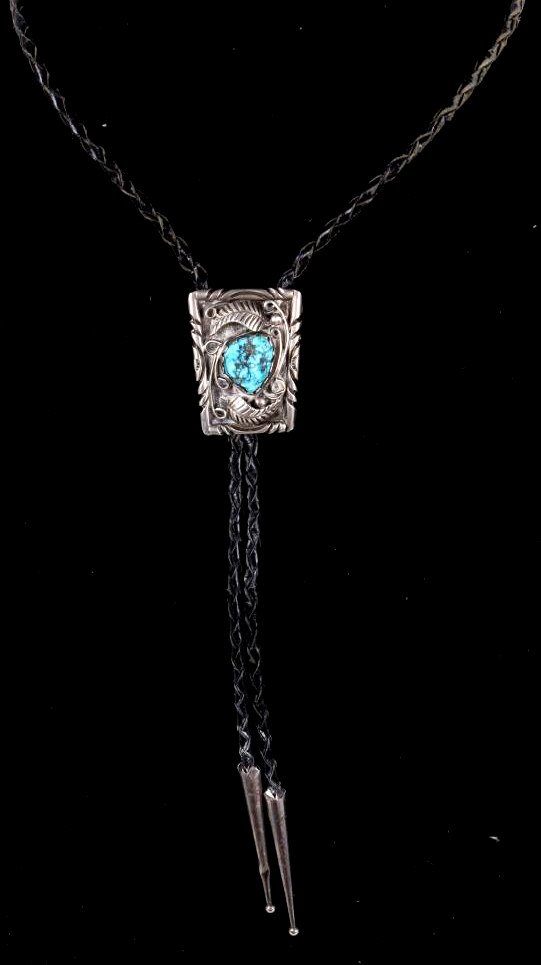 Navajo Sterling Turquoise Bolo Tie IHMSS W. Dodson: This is marked, "I H M S S W. Dodson" and the clasp is a Bennett. W. Dodson is mentioned in several reference books on Southwestern silver, including Hougart's definitive 'The Little Book of Marks on 